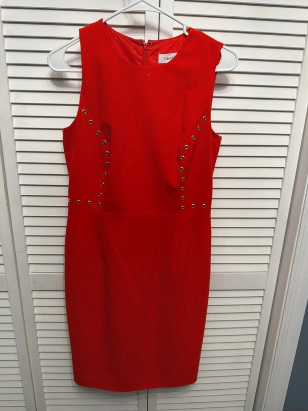 Calvin Klein Red Sleeveless Sheath Dress with Grommet Accents